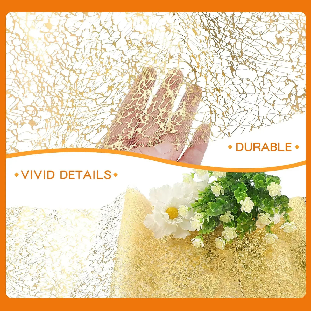 Metallic gold glitter table runner with floral accents and a hand touching the surface.