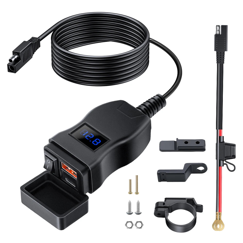 Black motorcycle USB charger with voltmeter and multiple ports and accessories