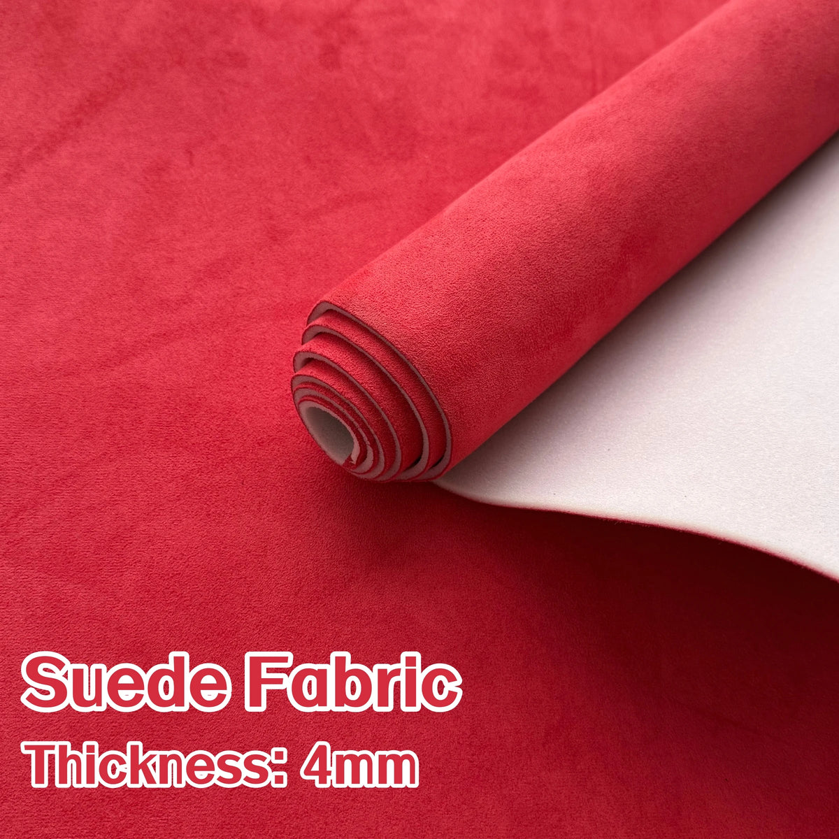 Roll of red suede fabric with a foam backing showing the thickness of 4mm