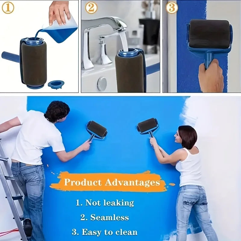 A three-panel image showing a self-priming paint roller set used for wall painting, highlighting its advantages like not leak