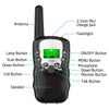 A black walkie talkie set with an antenna, flashlight, and various buttons like mic/charge jack and on/off switch.