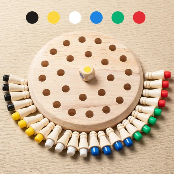 A wooden memory chess game featuring colored pegs and a circular board with matching dots.