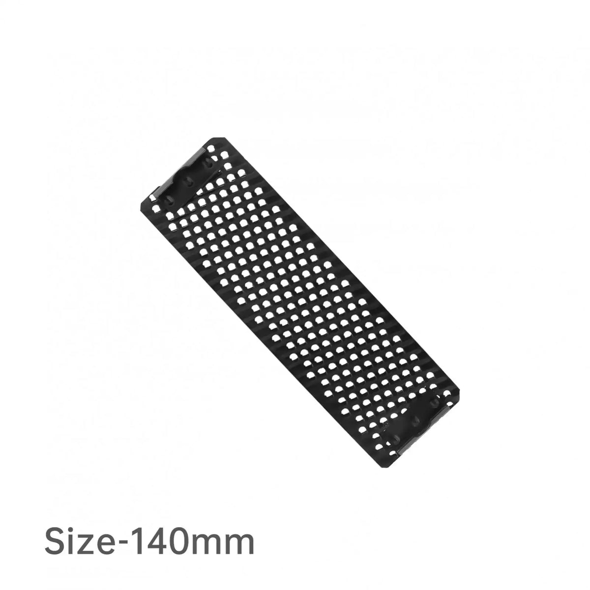 A black flat surface with numerous small holes, identified as size-140mm shaver blades.
