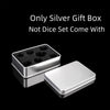 Silver gift box containing a set of dice, not including the dice set.
