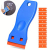Blue multipurpose plastic scraper tool with orange replacement blades and a circular blade holder.