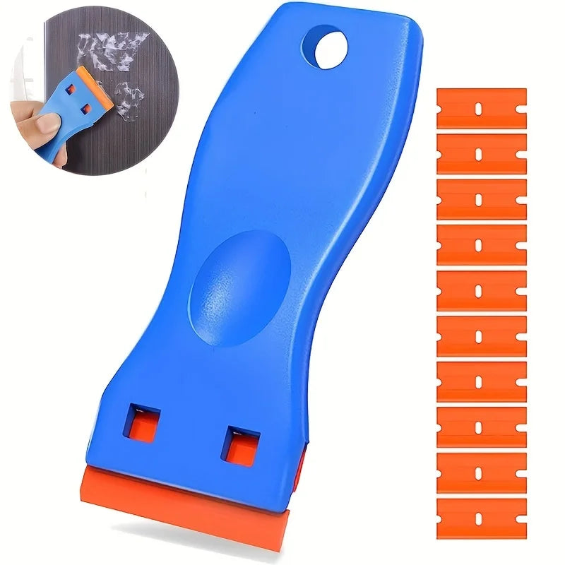 Blue multipurpose plastic scraper tool with orange replacement blades and a circular blade holder.