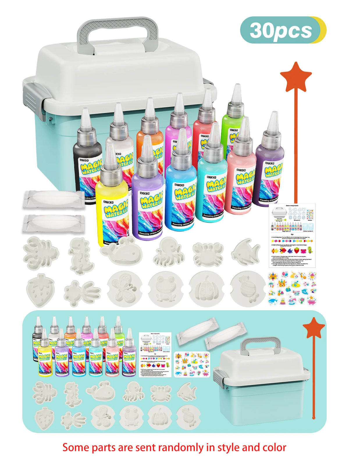 A set of 30 pieces of DIY 3D water elf science kit with graffiti painting for kids including bottles and molds in various col