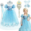 A light blue tulle princess party dress for girls featuring lace details, a crown, and a blonde wig.