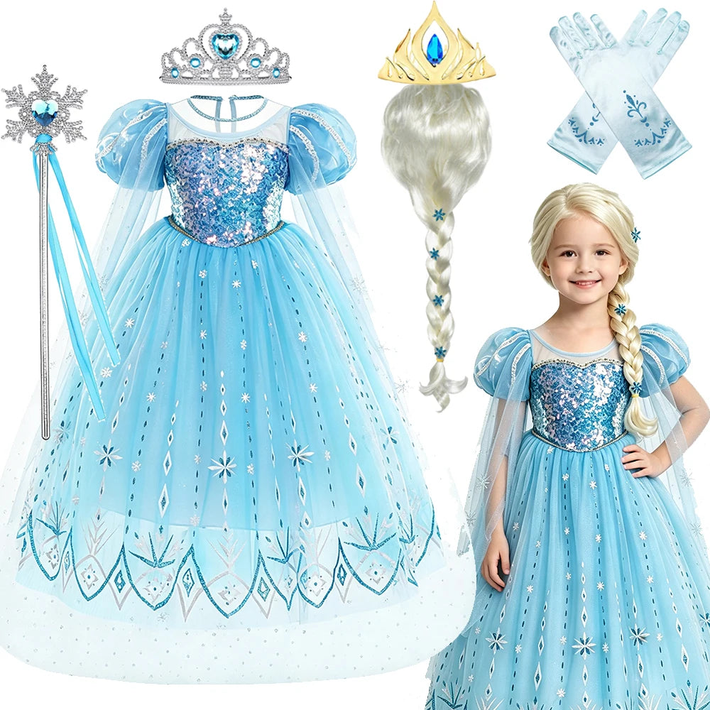 A light blue tulle princess party dress for girls featuring lace details, a crown, and a blonde wig.