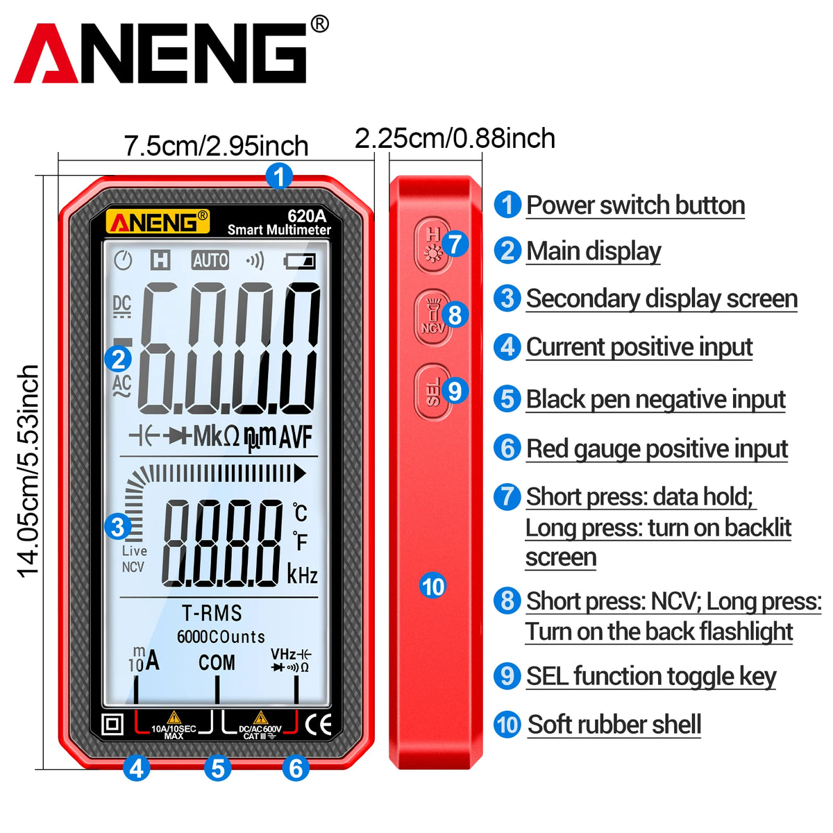 AnENG digital multimeter featuring a main display, secondary screen, power switch, and various input functions.
