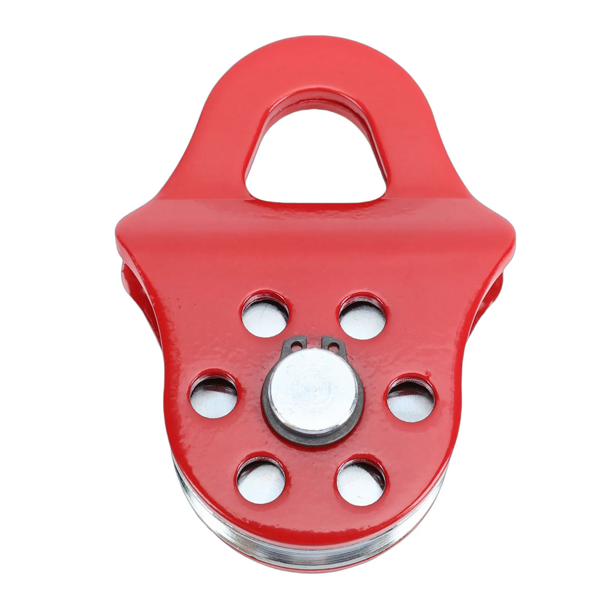 A red heavy duty snatch block with a loop and multiple mounting holes.
