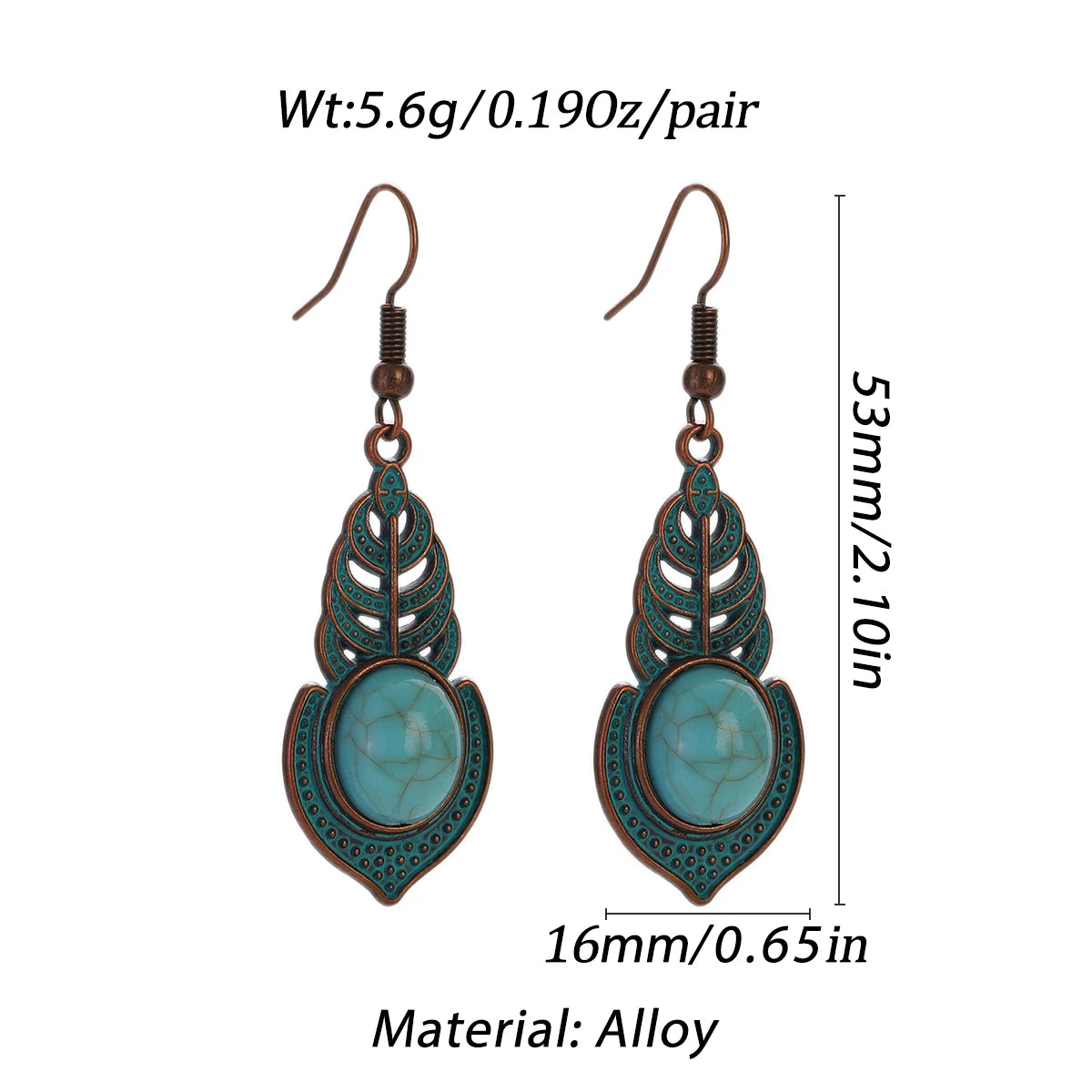 Boucles d'oreilles en alliage à gouttes avec motif de feuille géométrique turquoise sarcelle.