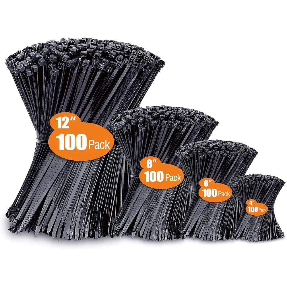 Assorted black nylon cable ties in various lengths, including 4-inch, 6-inch, 8-inch, and 12-inch packs.