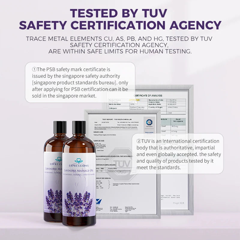Lavender massage oil bottles with a TÜV safety certification agency background and text