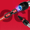 A red and black magnetic screwdriver set featuring a T10 and S2 bit, demonstrating a double lock mechanism.
