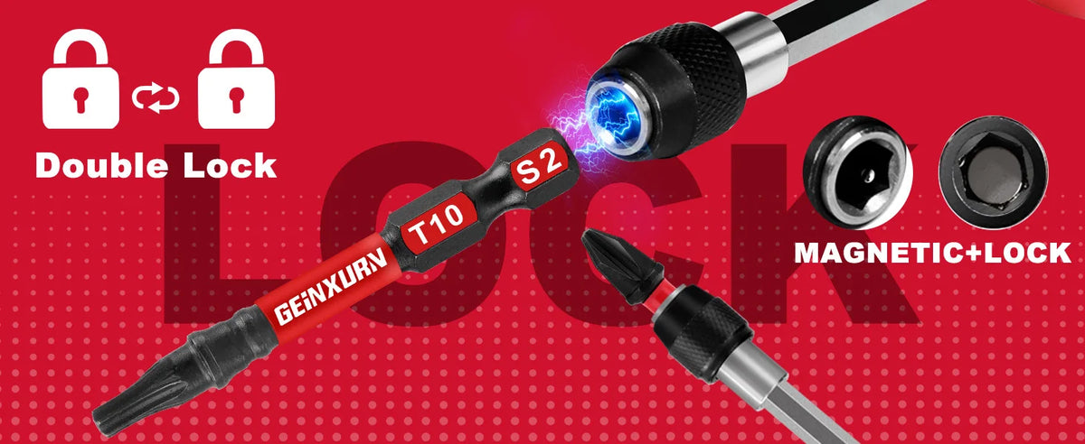 A red and black magnetic screwdriver set featuring a T10 and S2 bit, demonstrating a double lock mechanism.