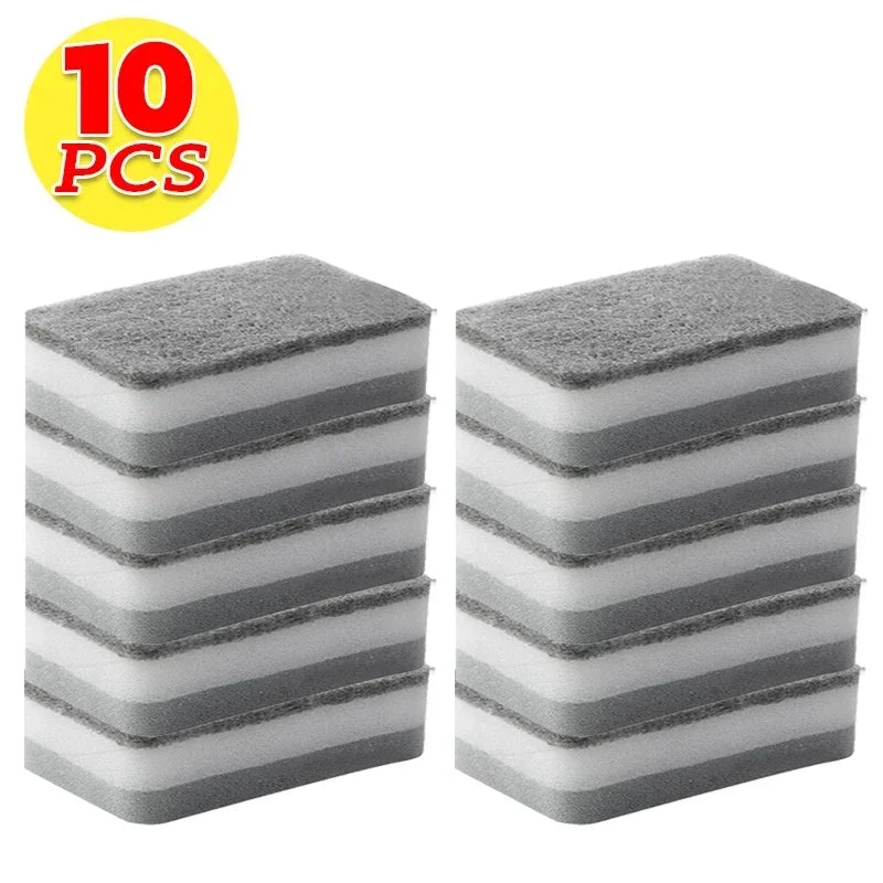Ten gray and white reusable double-sided cleaning sponges stacked in two rows.