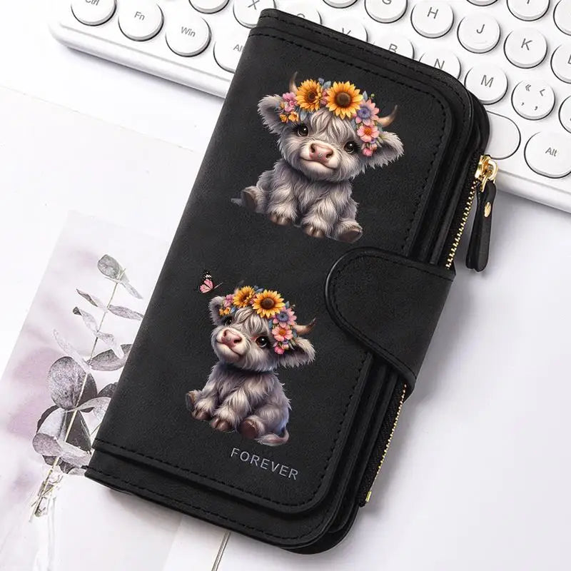 Highland Cow Print Zip-Around Wallet with Card Holder