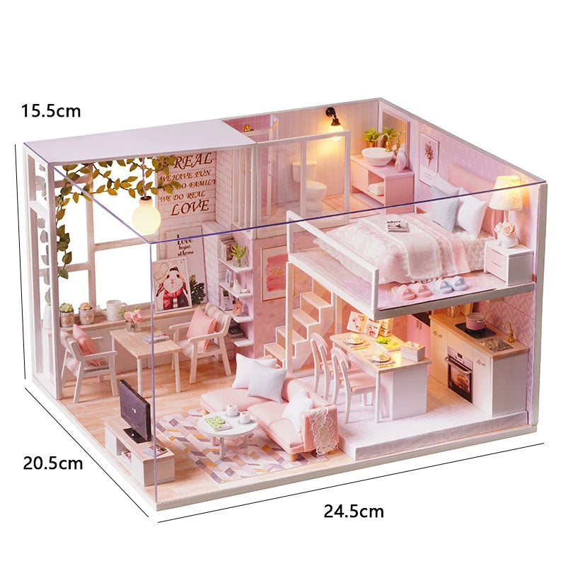 A detailed miniature wooden dollhouse building kit featuring furniture and decorative elements.
