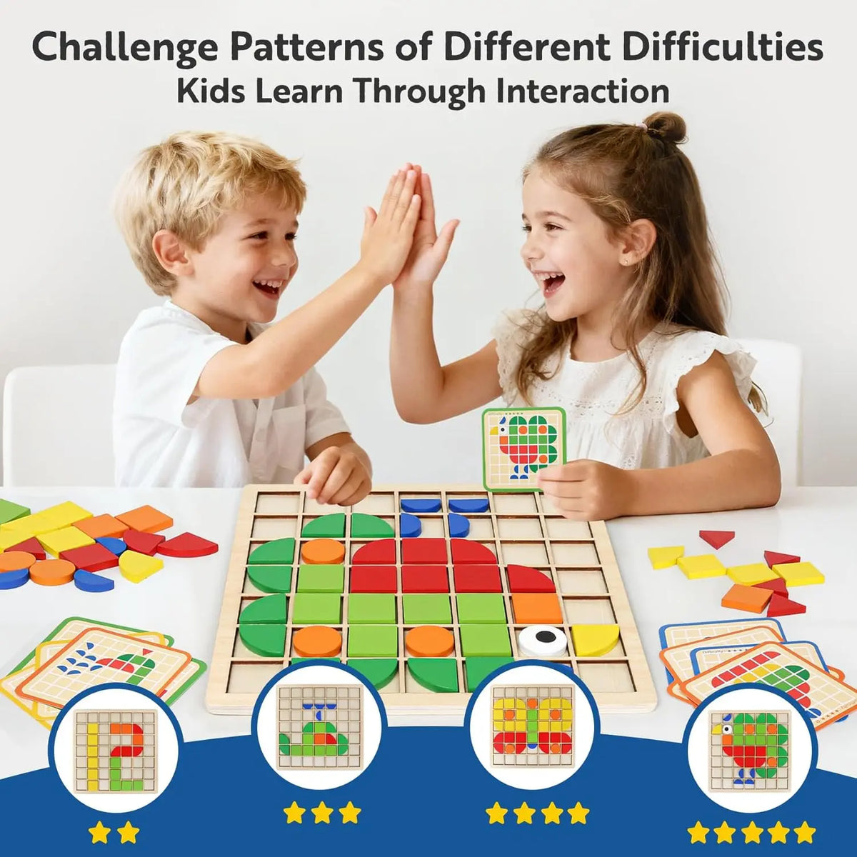 Two children interact with a wooden Montessori shape puzzle set on a table.
