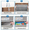Instructions showing how to clip hooks onto a door, hang the organizer, insert the bottom cardboard, and put items into it.
