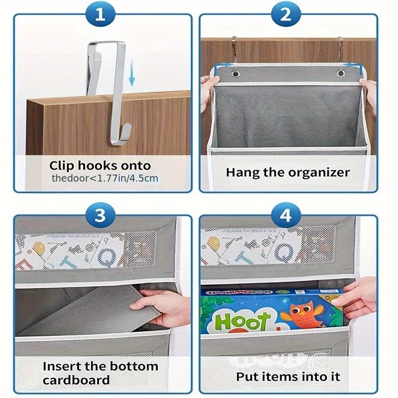 Instructions showing how to clip hooks onto a door, hang the organizer, insert the bottom cardboard, and put items into it.
