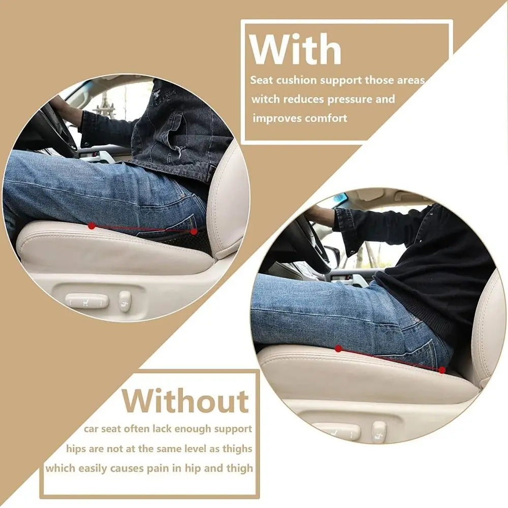 Comparison showing a car seat cushion with support versus one without, highlighting comfort and pressure relief.