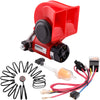 A red air horn kit featuring a horn, relay, and harness components with coiled wires.