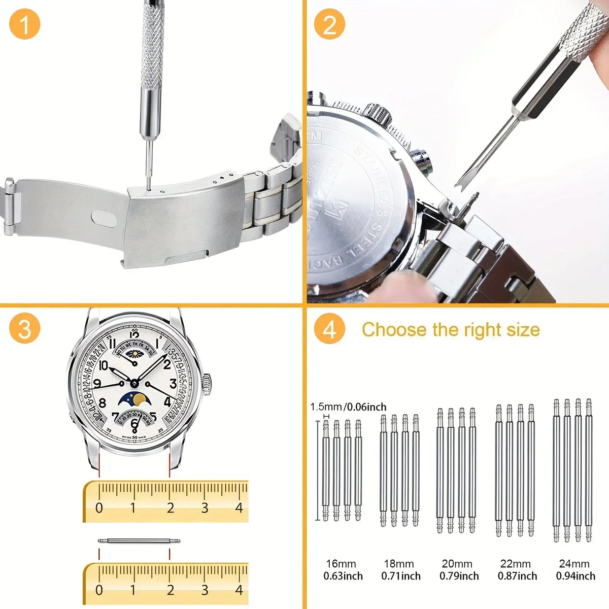 A set of tools for watch band link removal and pin adjustment, including a tool, a watch, and various sized pins.