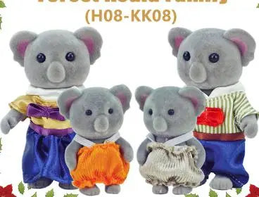 A set of forest animal miniature dolls and furniture, including a grey elephant and other animals.