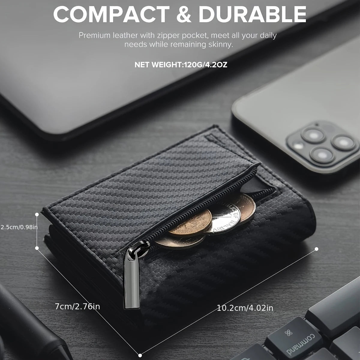 A black slim pop-up wallet is shown open, displaying coins and a zipper pocket on a dark surface.