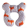 A gray and white patterned baby car seat head and neck support pillow with orange fox designs.