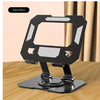 A black foldable tablet stand with a square frame is shown on a wooden surface.