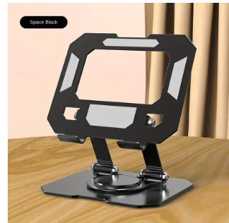 A black foldable tablet stand with a square frame is shown on a wooden surface.