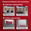 Comparison of waterproof adhesive test results showing before and after gumming for bathroom and carton waterproofing.