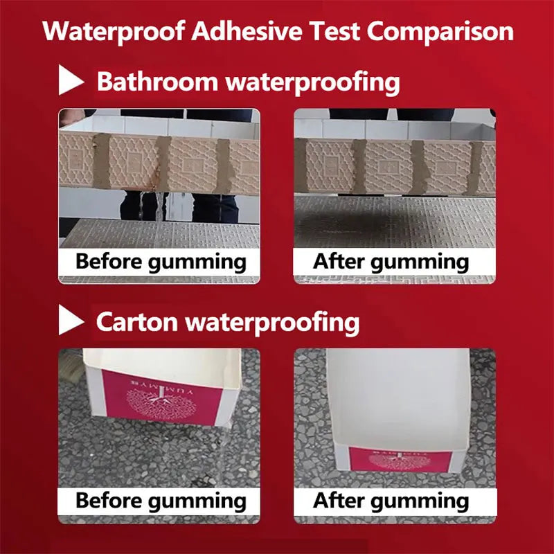 Comparison of waterproof adhesive test results showing before and after gumming for bathroom and carton waterproofing.