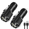 A pair of black pocket-sized 3-LED rechargeable flashlights with clips shown from the side.