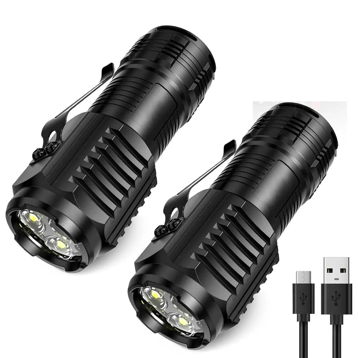 A pair of black pocket-sized 3-LED rechargeable flashlights with clips shown from the side.