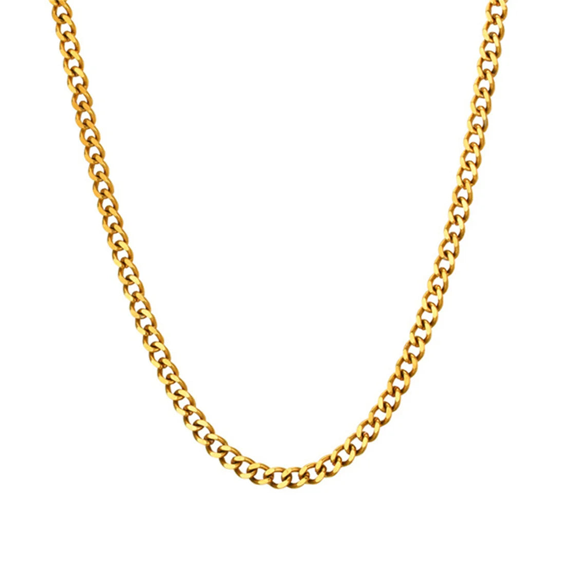 A gold-colored 5mm stainless steel Cuban link chain necklace displayed against a white background.