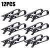 Twelve black plastic clips designed to hold garbage bags or snack bags on trash cans.