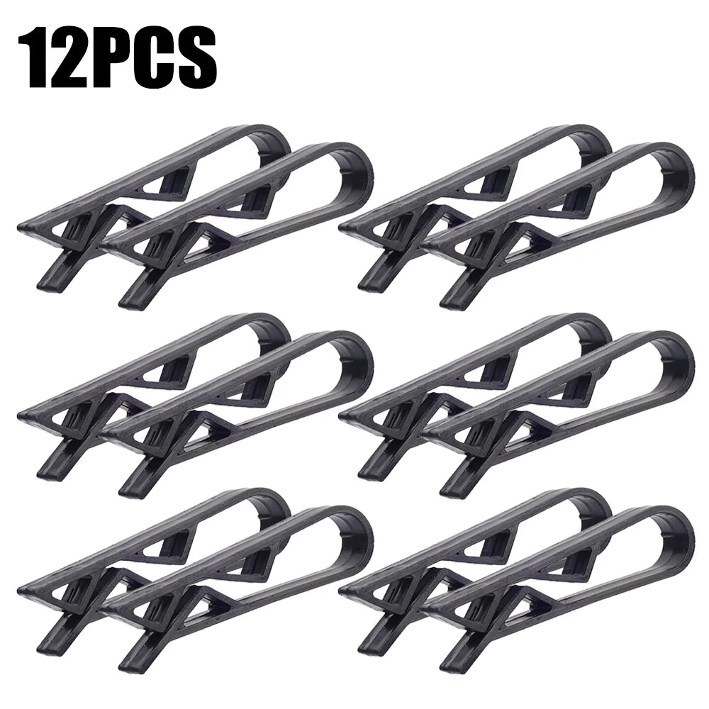 Twelve black plastic clips designed to hold garbage bags or snack bags on trash cans.