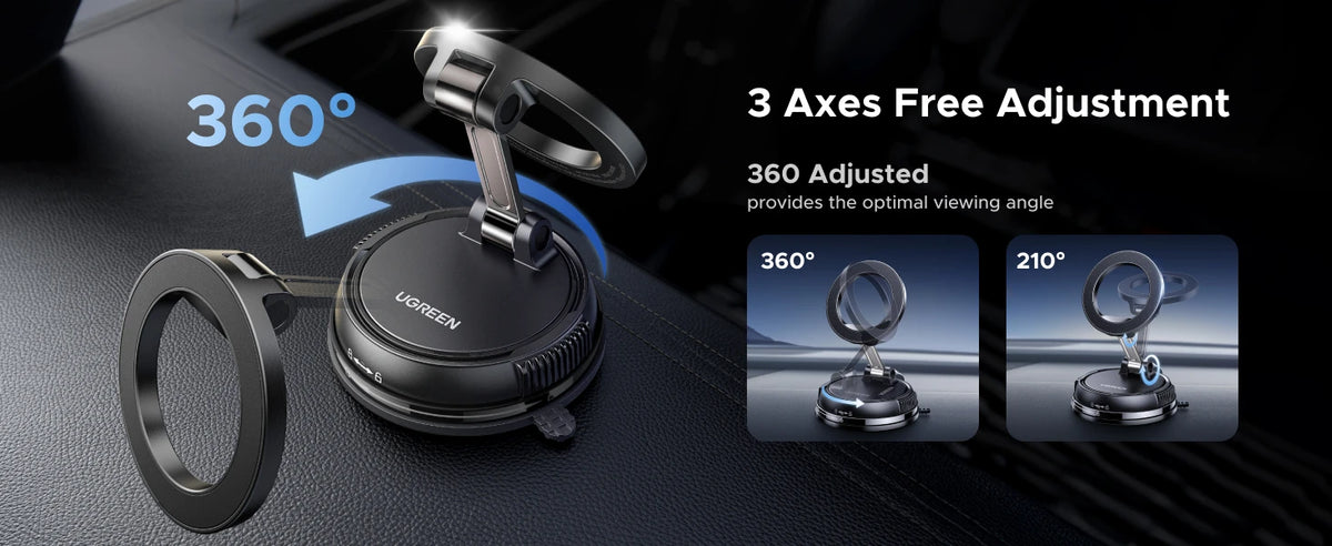 A magnetic car phone mount with 360 degree adjustment shown on a dark dashboard surface.