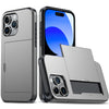 A silver slim protective phone case with a transparent back showing a blue screen and a hidden card holder feature.