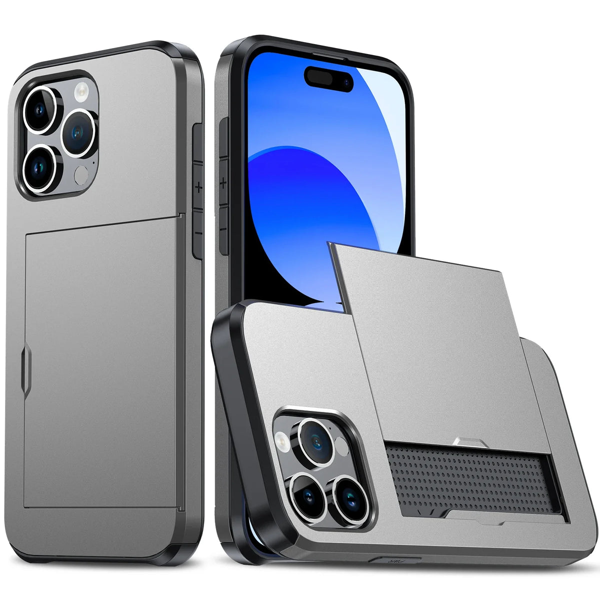 A silver slim protective phone case with a transparent back showing a blue screen and a hidden card holder feature.