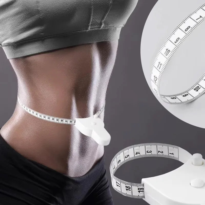 A white automatic retractable body measuring tape is shown wrapped around a person's waist.
