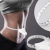 A white automatic retractable body measuring tape is shown wrapped around a person's waist.