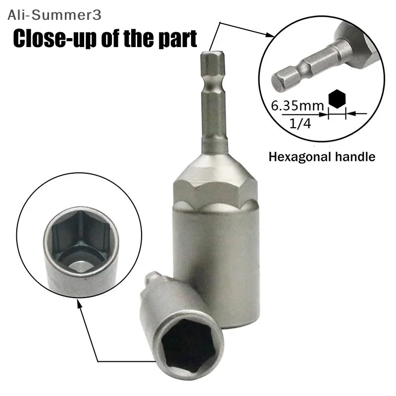 Close-up of a stainless steel hexagonal handle and driver bit for drills and impact drivers.