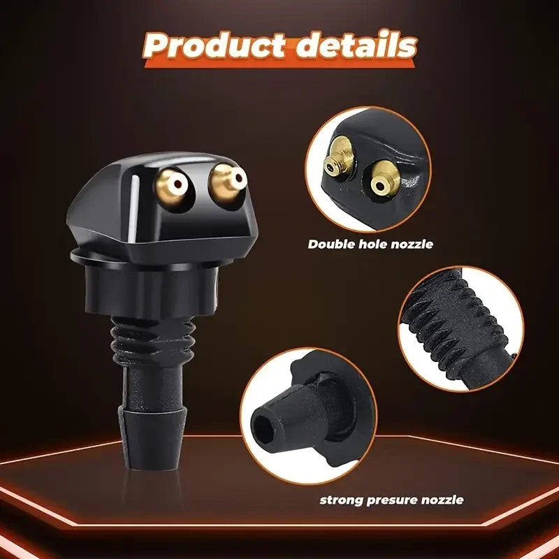 A black universal windshield washer hose connector kit showing a double hole nozzle and a strong pressure nozzle.
