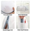 Close-up views of a white breathable mesh laundry bag for bras and lingerie showing its hand-held design, smooth zipper pull,
