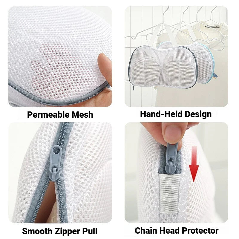Close-up views of a white breathable mesh laundry bag for bras and lingerie showing its hand-held design, smooth zipper pull,